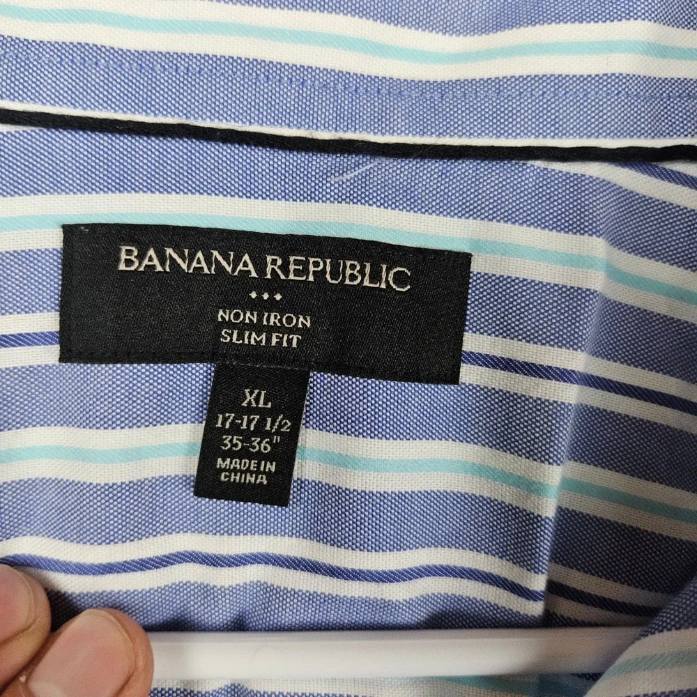 Banana Republic Non Iron Slim Fit Blue‎ Stripe Button Down Shirt Mens XL
